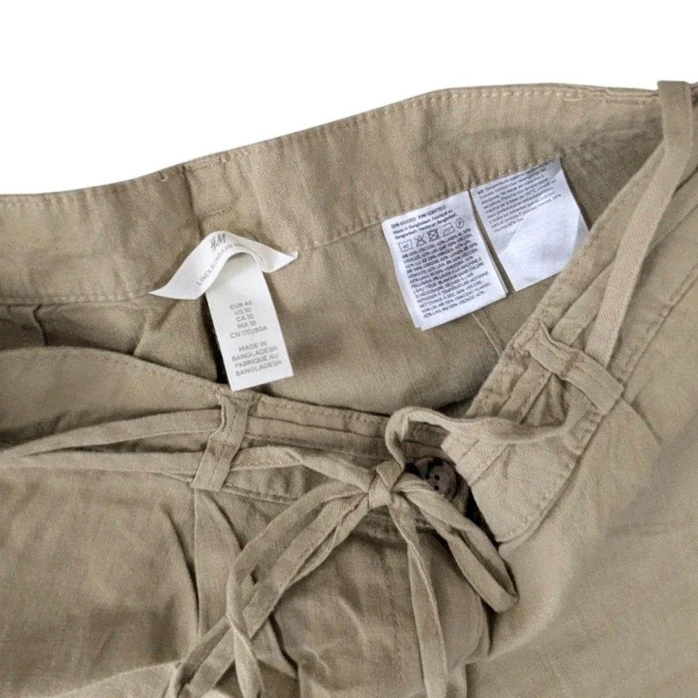 H&M Linen Blend Wide Leg Pants Tan Beige‎ Drawstring Trousers US 10 Coastal Boho